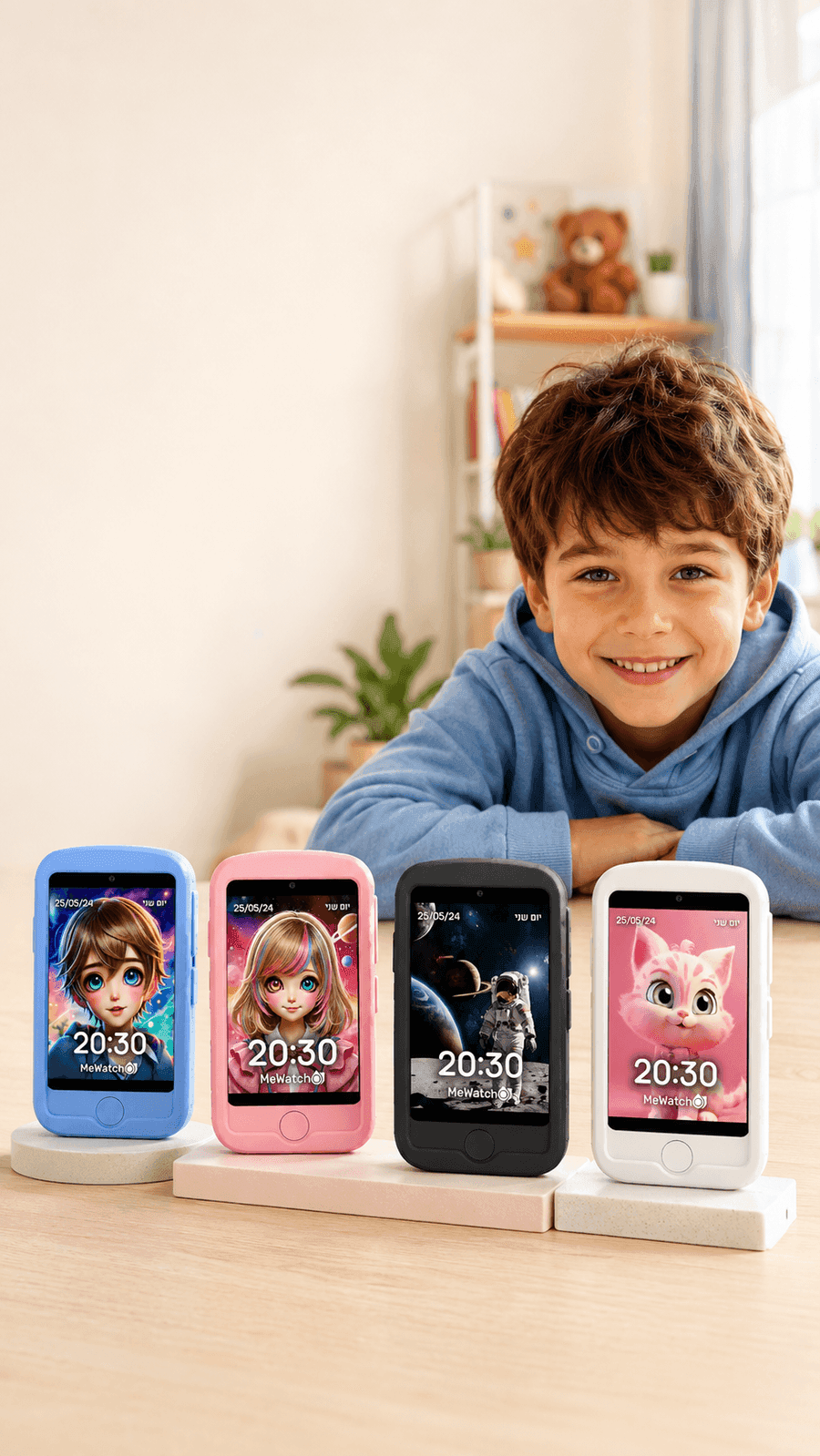 MeWatch FirstPhone — 4 צבעים, כיסויים וטפטים מותאמים