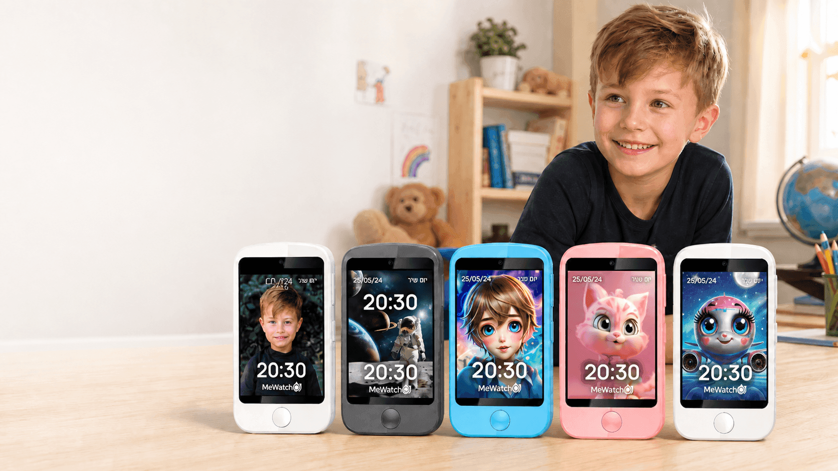 MeWatch FirstPhone — 5 צבעים, כיסויים וטפטים מותאמים