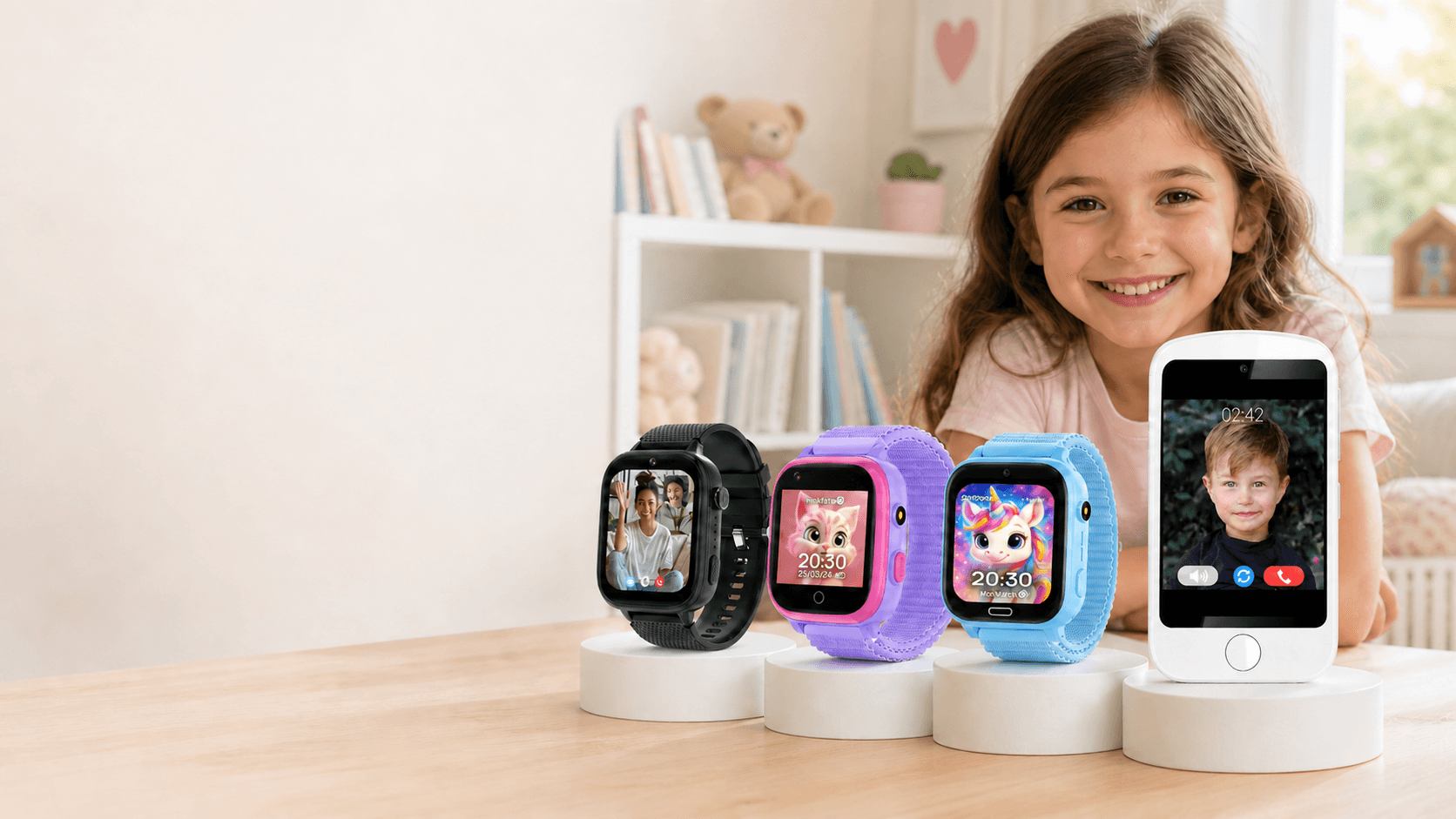 ילדה עם משפחת MeWatch — FirstPhone לבן, K12 Light, K12 Ultra ו-L12 Prime על pedestals בחדר ילדים חמים