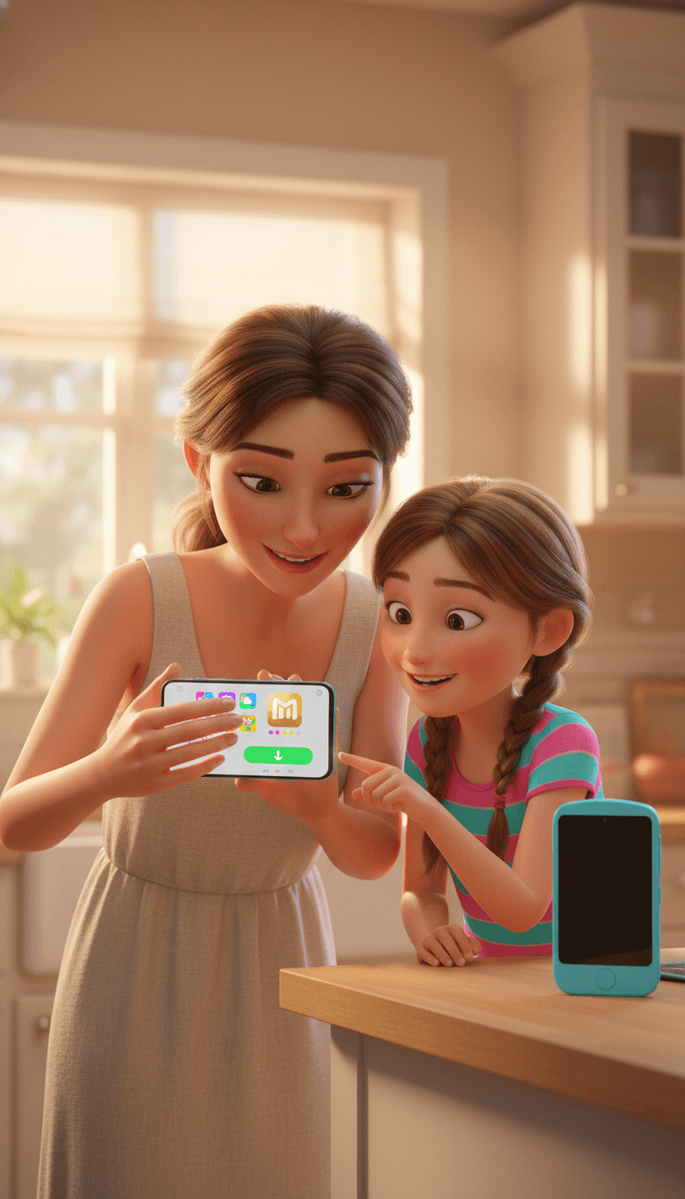 אמא ובתה מטעינות את שעון MeWatch L12 Prime לראשונה — סטייל Pixar 3D