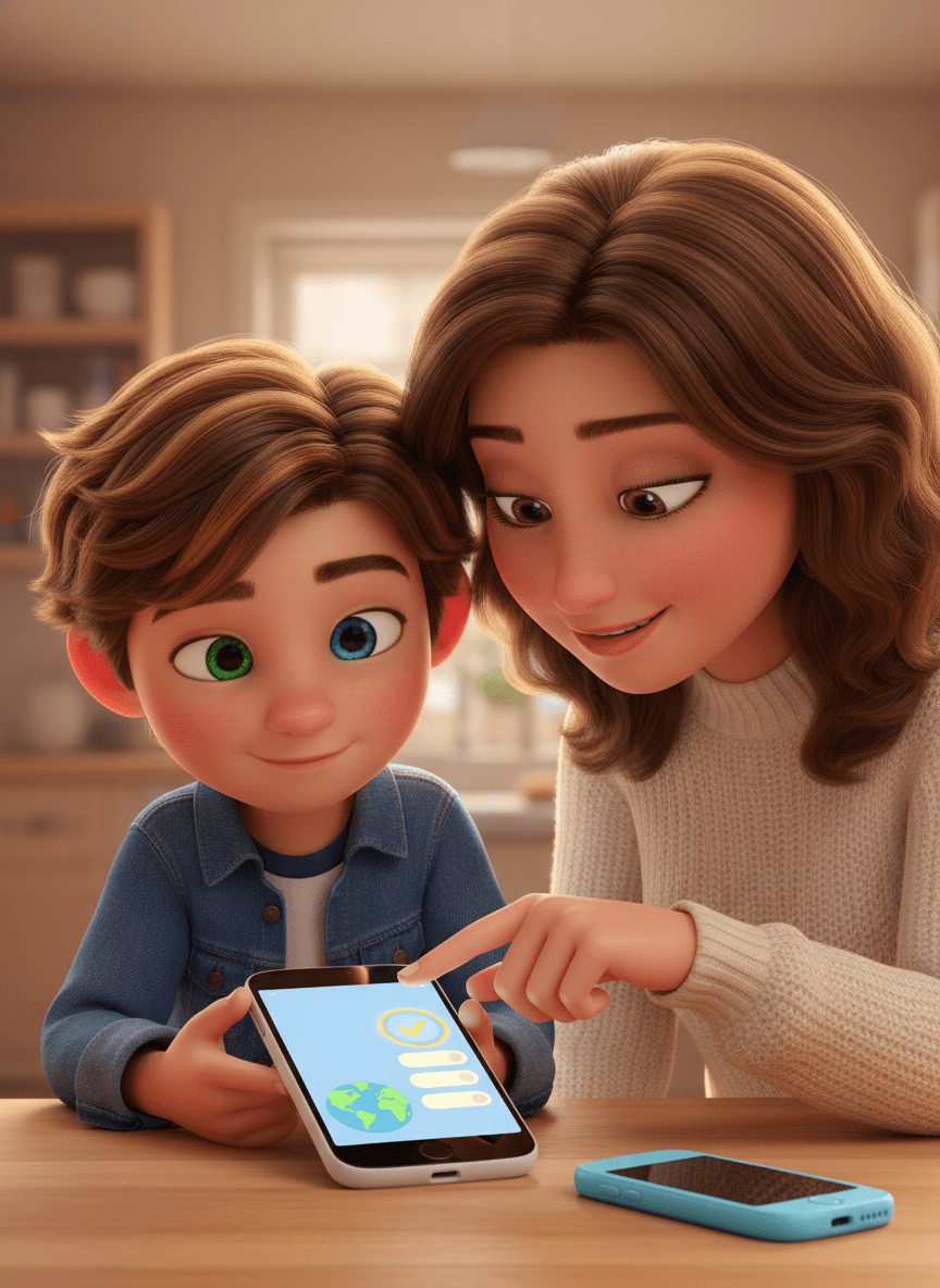 אמא סורקת QR מגב שעון MeWatch L12 Prime עם רטיקל זהוב — סטייל Pixar 3D
